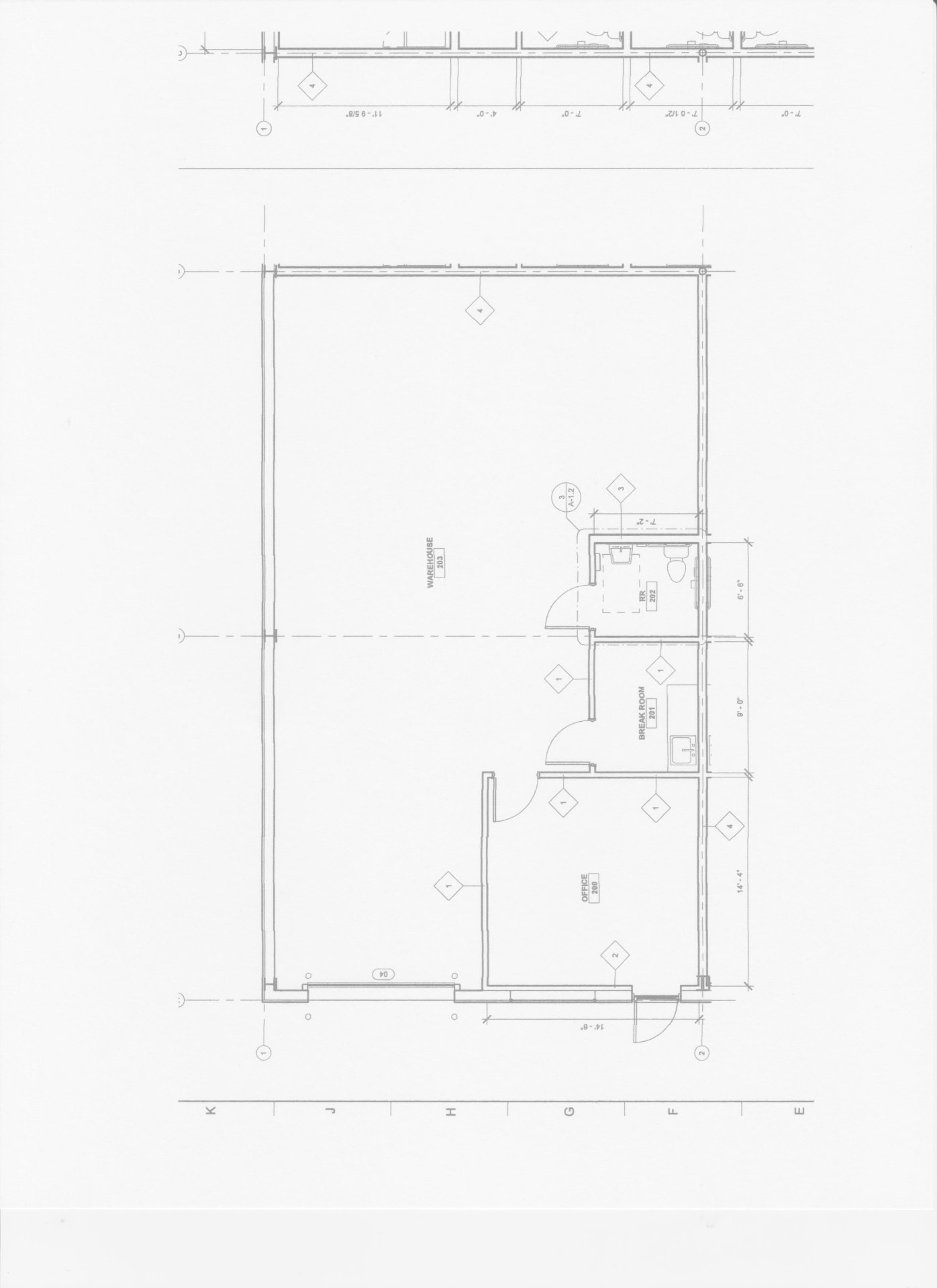 Architectural floor plan of a Capital Priority suite showing warehouse 203, break room 201, restroom 202 and office 200
